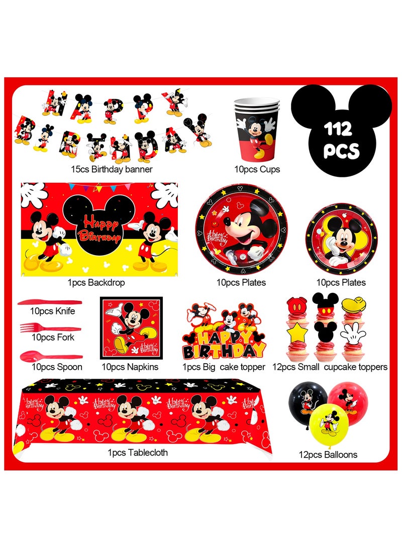 Mickey Mouse Birthday Party Decorations for 10 Guests, Mickey Disposable Party Tableware Set Cartoon Themed Party Plates Napkins Tablecloth Balloon