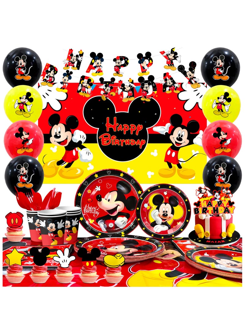 Mickey Mouse Birthday Party Supplies,112pcs Birthday Decorations & Tableware Set- Mickey Mouse Party Plates Napkins Tablecloth Balloon etc Mickey Mouse Party Supplies