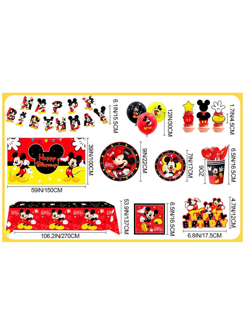 Mickey Mouse Birthday Party Decorations for 10 Guests, Mickey Disposable Party Tableware Set Cartoon Themed Party Plates Napkins Tablecloth Balloon