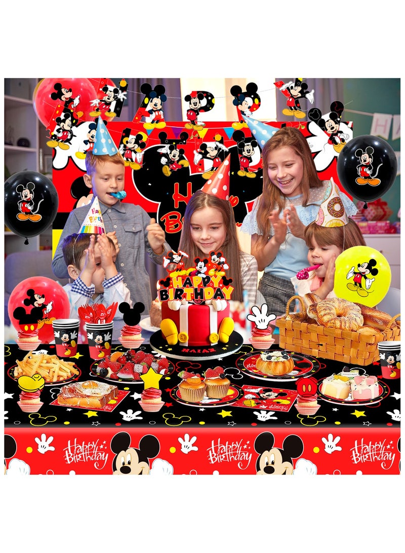 Mickey Mouse Birthday Party Decorations for 10 Guests, Mickey Disposable Party Tableware Set Cartoon Themed Party Plates Napkins Tablecloth Balloon