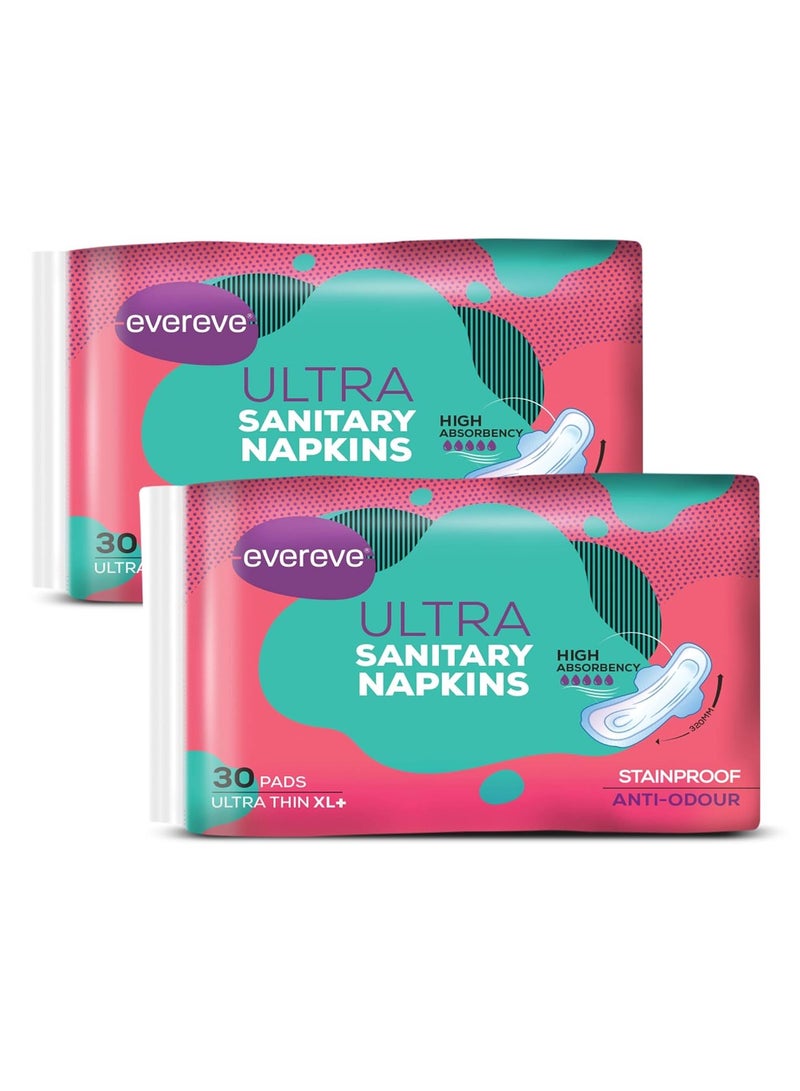 Ultra Sanitary Napkin/Pad, XXL 320mm, 60 Napkins (Pack of 2 x 30), Maximum coverage, Ultra thin, Super absorbent core for fast absorption of liquid, Odour neutralising technology