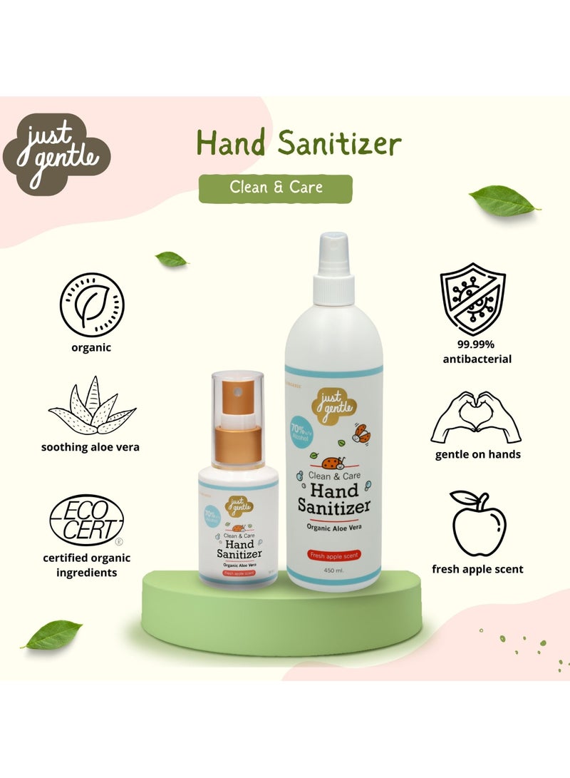 Just Gentle Hand Sanitizer Spray, 450 ml |70% Alcohol, Kills 99.9% of Germs, Gentle on Sensitive Skin, Moisturizing with Aloe Vera, and refreshing with apple scent