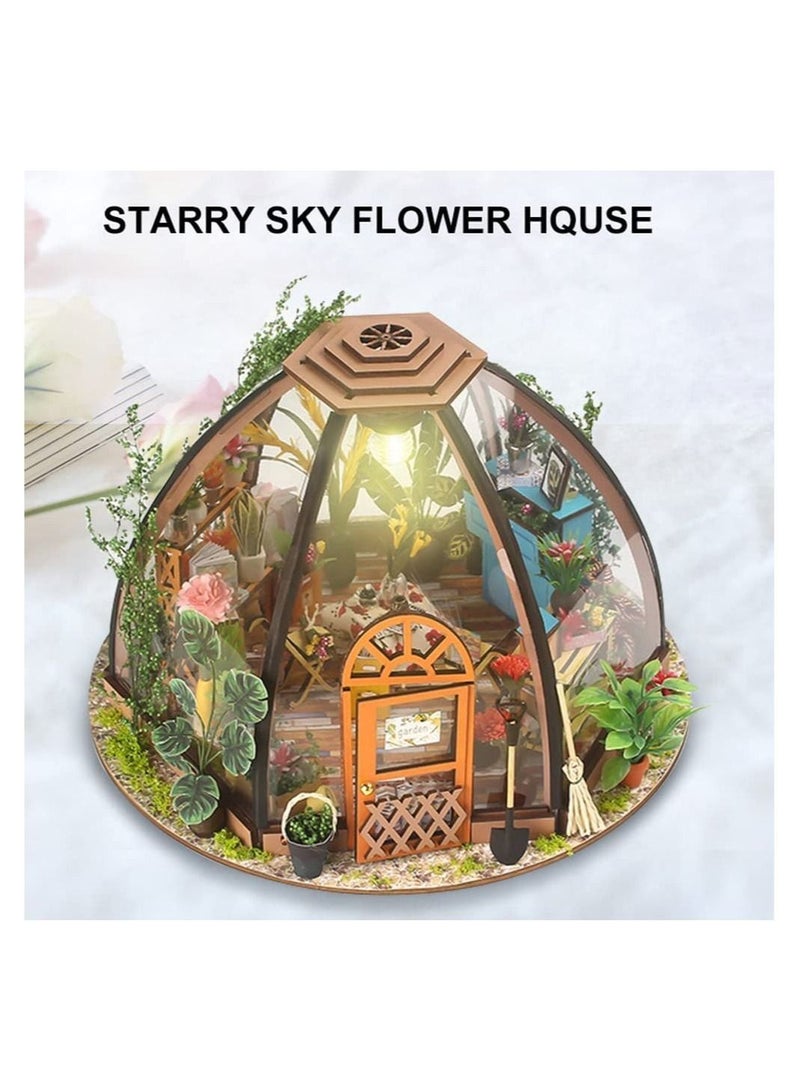 DIY Miniature Doll House Kit - Wooden Miniature Toy House with LED Light Starry Sky Flower Room Doll Houses DIY Assembly Toys Child Birthday Gift for Ages 3+