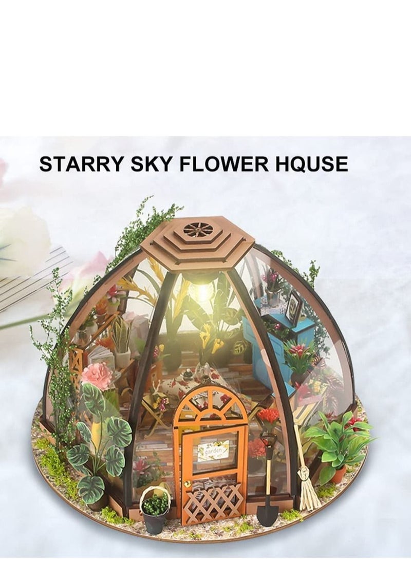 DIY Miniature Doll House Kit - Wooden Miniature Toy House with LED Light Starry Sky Flower Room Doll Houses DIY Assembly Toys Child Birthday Gift for Ages 3+