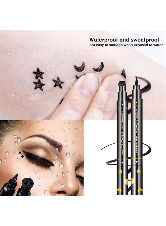 6 Pcs Double-sided Liquid Eyeliner Pen, with Eye Makeup Stamp Super Slim Gel Felt Tip, Waterproof Smudgeproof Long Lasting Eye Tattoo -Heart/Moon/Star/Flowers/Smiley/Triangle (6PCS)