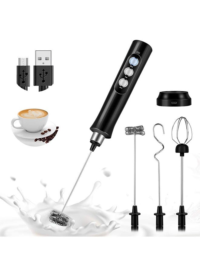 Electric Milk Frother, USB Rechargeable with 3 Heads, 3 Adjustable Speeds Mini Milk Foamer for Latte, Cappuccino, Coffee, Hot Chocolate, Matcha