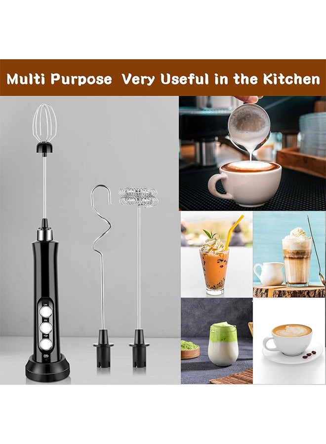 Electric Milk Frother, USB Rechargeable with 3 Heads, 3 Adjustable Speeds Mini Milk Foamer for Latte, Cappuccino, Coffee, Hot Chocolate, Matcha