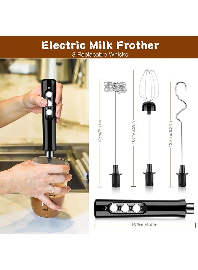 Electric Milk Frother, USB Rechargeable with 3 Heads, 3 Adjustable Speeds Mini Milk Foamer for Latte, Cappuccino, Coffee, Hot Chocolate, Matcha