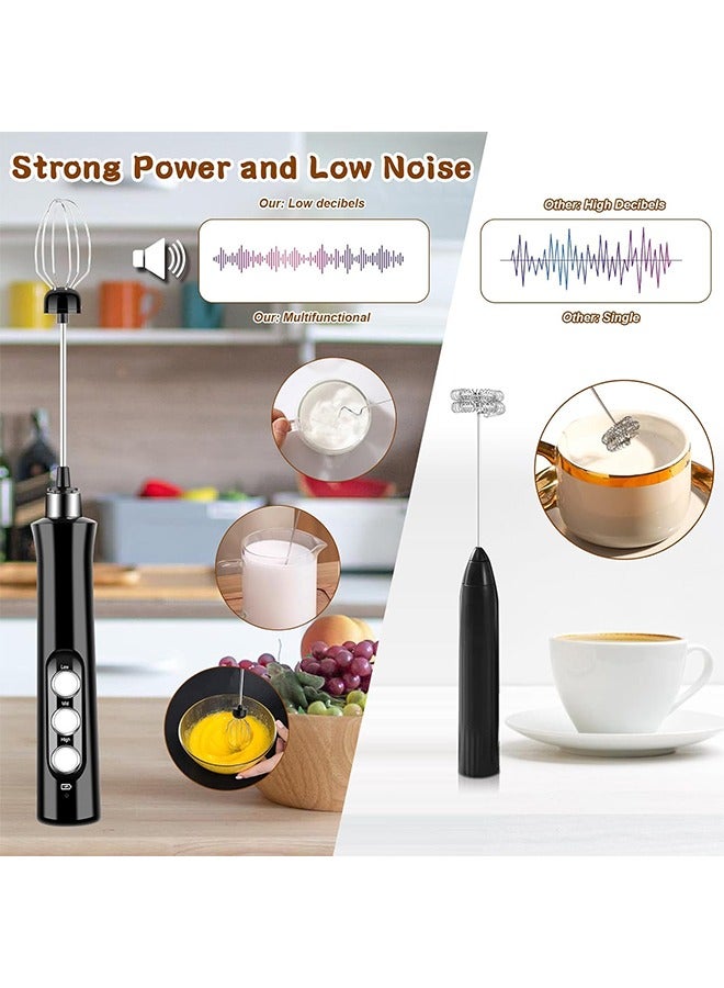 Electric Milk Frother, USB Rechargeable with 3 Heads, 3 Adjustable Speeds Mini Milk Foamer for Latte, Cappuccino, Coffee, Hot Chocolate, Matcha