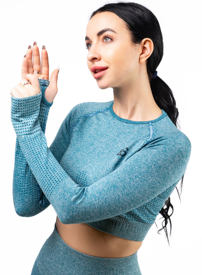 Nylon Melange Long Sleeve Crop Top with Round Neck Women's Cropped T Shirt for Workout Yoga Running Exercise Textured Blue Ocean