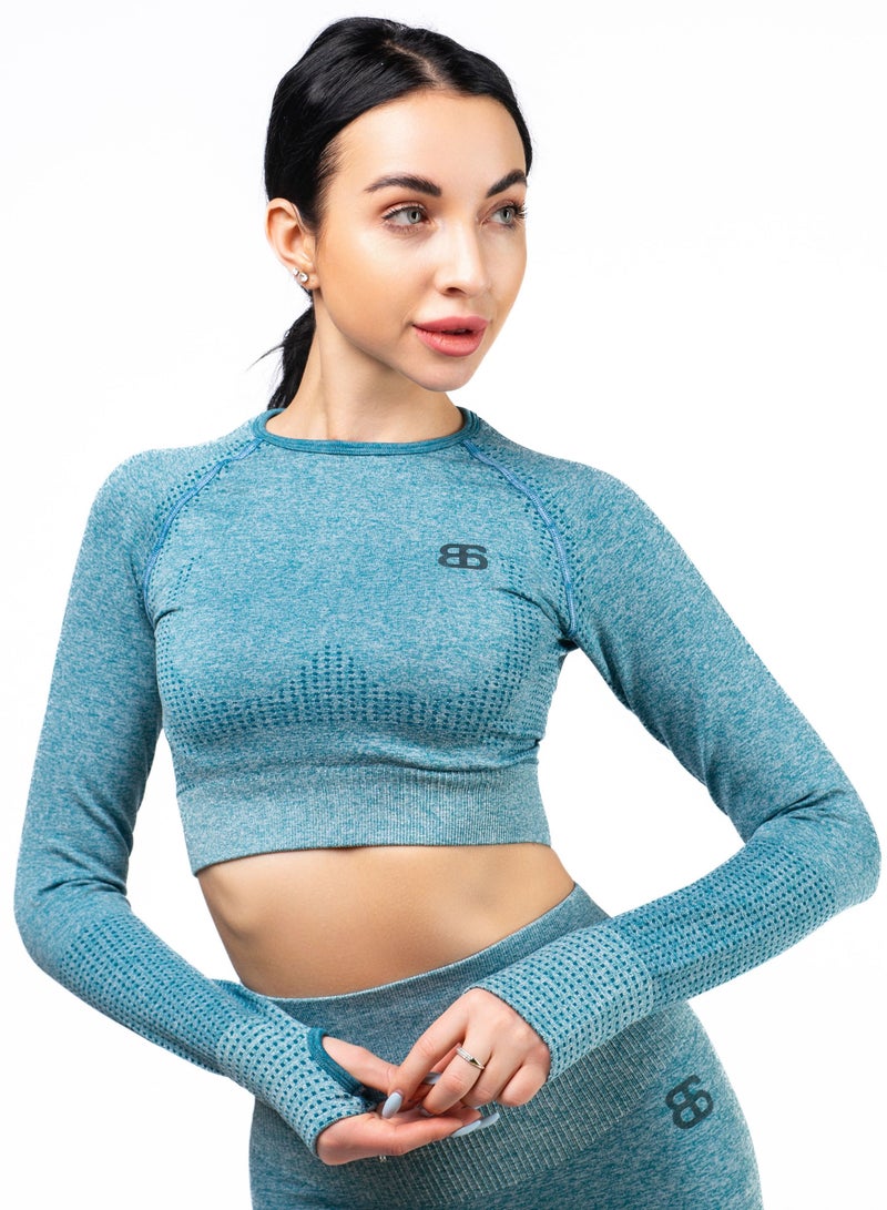 Nylon Melange Long Sleeve Crop Top with Round Neck Women's Cropped T Shirt for Workout Yoga Running Exercise Textured Blue Ocean