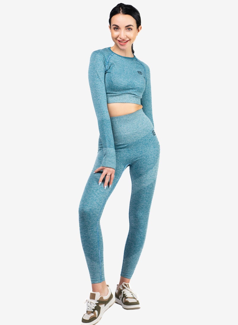 Nylon Melange Long Sleeve Crop Top with Round Neck Women's Cropped T Shirt for Workout Yoga Running Exercise Textured Blue Ocean