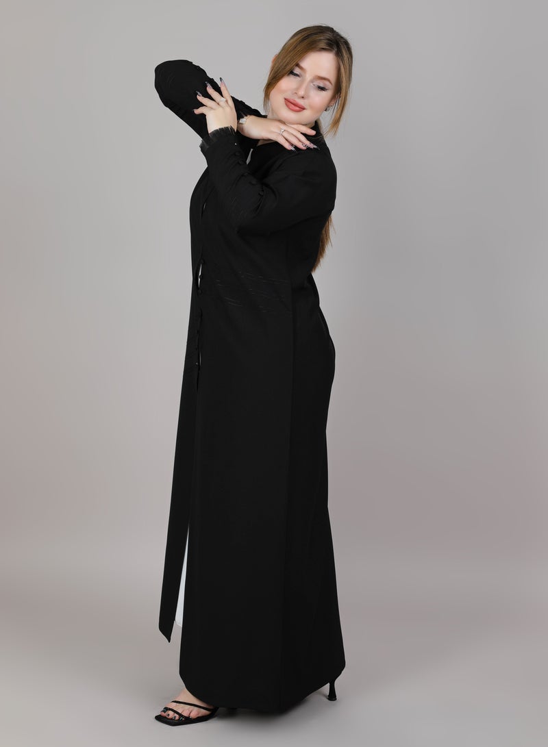 MSquare Fashion Black V Neck Crepe Abaya With Buttons