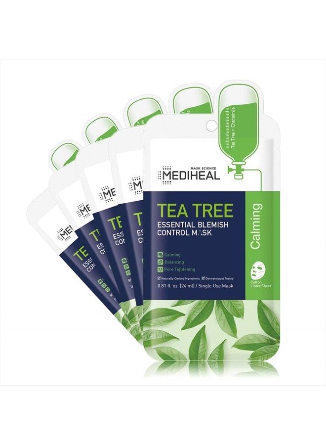 Official [Korea's No 1 Sheet Mask] - Tea Tree Essential Blemish Control Mask - Skin Soothing & Sebum Control Mask Pack for Sensitive Oily Skin(5 Masks)