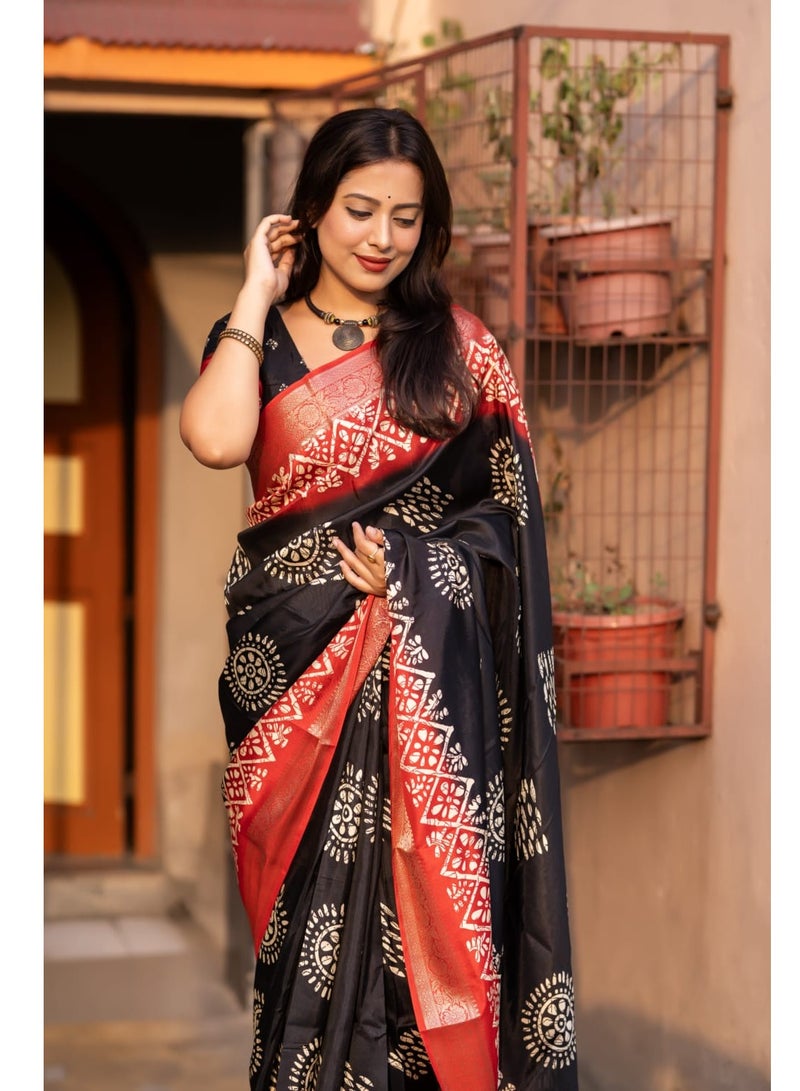 Soft Cotton Crape Black Base Red Border Batik Style Print Saree With Unstitched Printed Blouse