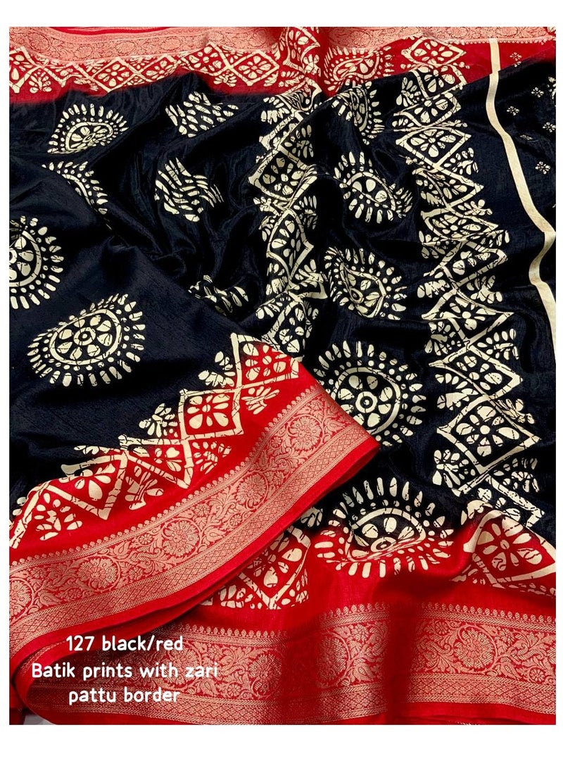 Soft Cotton Crape Black Base Red Border Batik Style Print Saree With Unstitched Printed Blouse