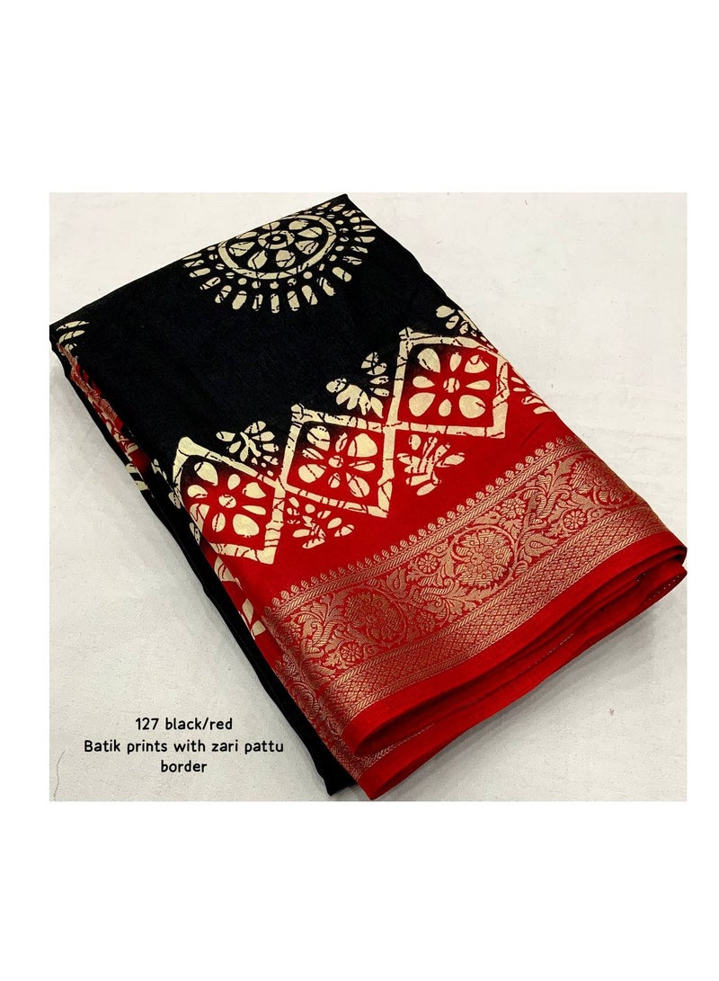 Soft Cotton Crape Black Base Red Border Batik Style Print Saree With Unstitched Printed Blouse