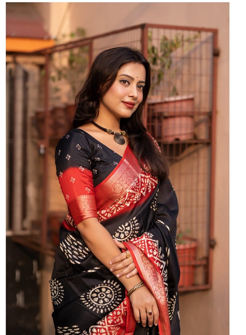 Soft Cotton Crape Black Base Red Border Batik Style Print Saree With Unstitched Printed Blouse