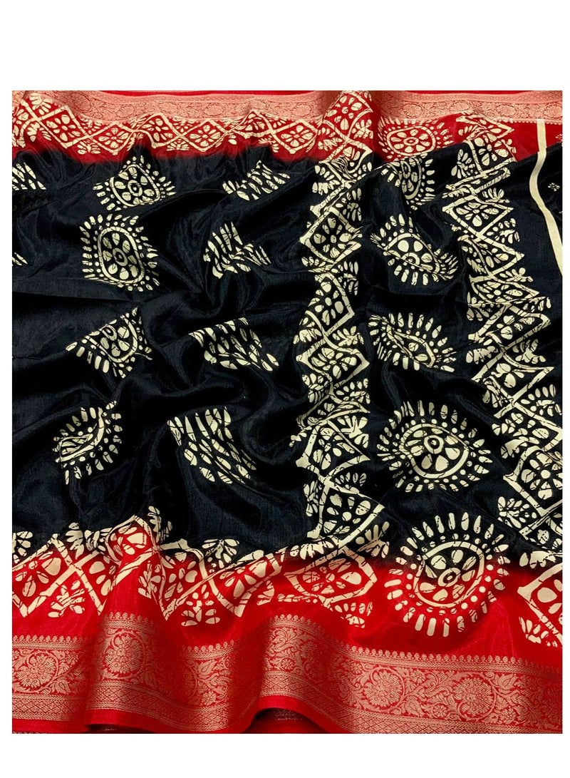 Soft Cotton Crape Black Base Red Border Batik Style Print Saree With Unstitched Printed Blouse