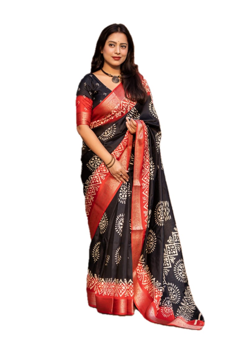 Soft Cotton Crape Black Base Red Border Batik Style Print Saree With Unstitched Printed Blouse