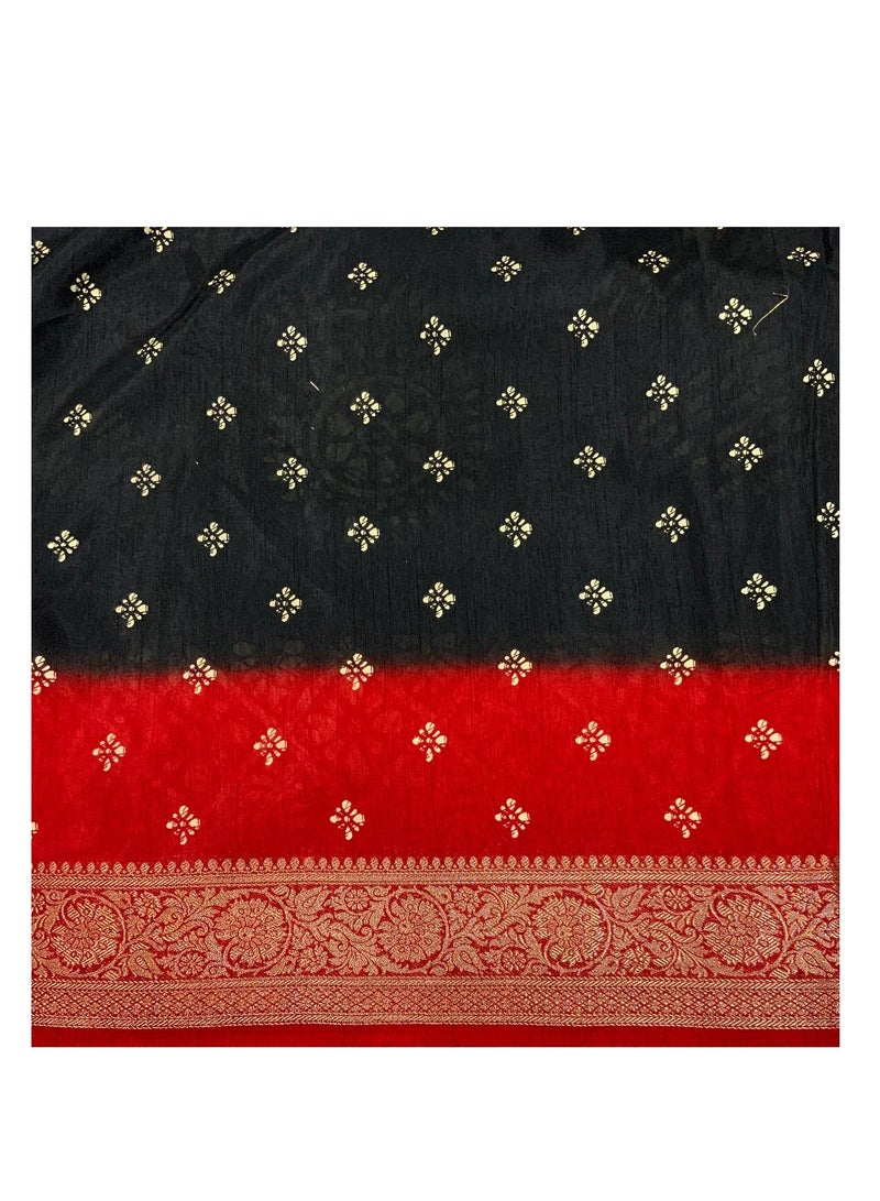 Soft Cotton Crape Black Base Red Border Batik Style Print Saree With Unstitched Printed Blouse