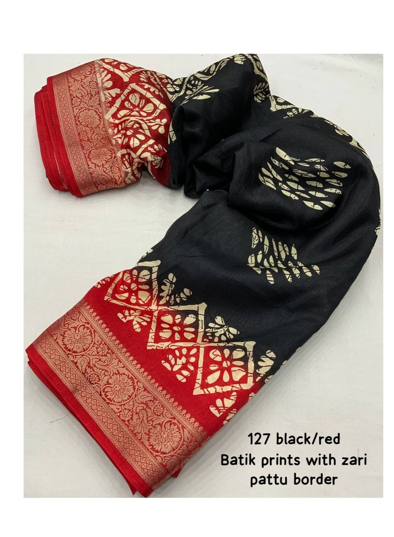 Soft Cotton Crape Black Base Red Border Batik Style Print Saree With Unstitched Printed Blouse