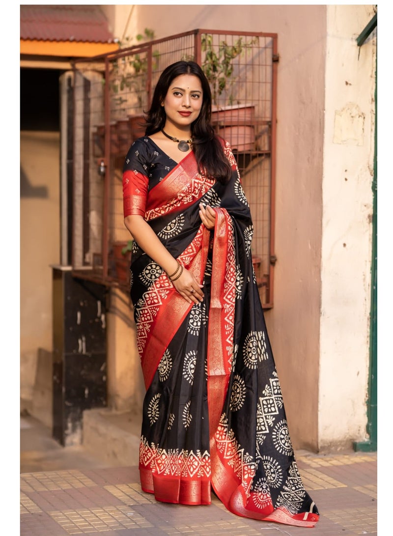 Soft Cotton Crape Black Base Red Border Batik Style Print Saree With Unstitched Printed Blouse