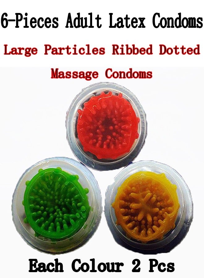 6-Pieces Adult Latex Condoms,Large Particles Ribbed Dotted Massage Condoms,Enhance Sense Stimulation Condoms,Mixed 3 Colour