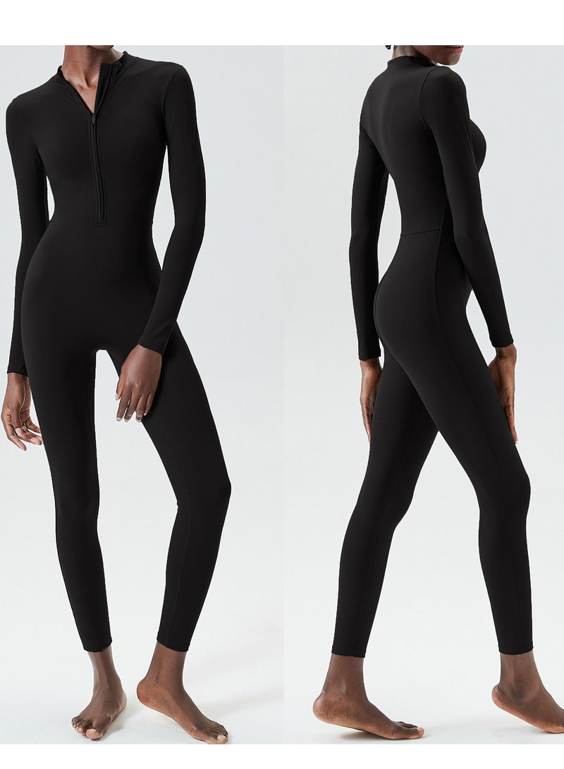 Women's Zipper Tight Fitness Sticky Elastic jumpsuit Quick drying Long Sleeve Open Collar Yoga Dress