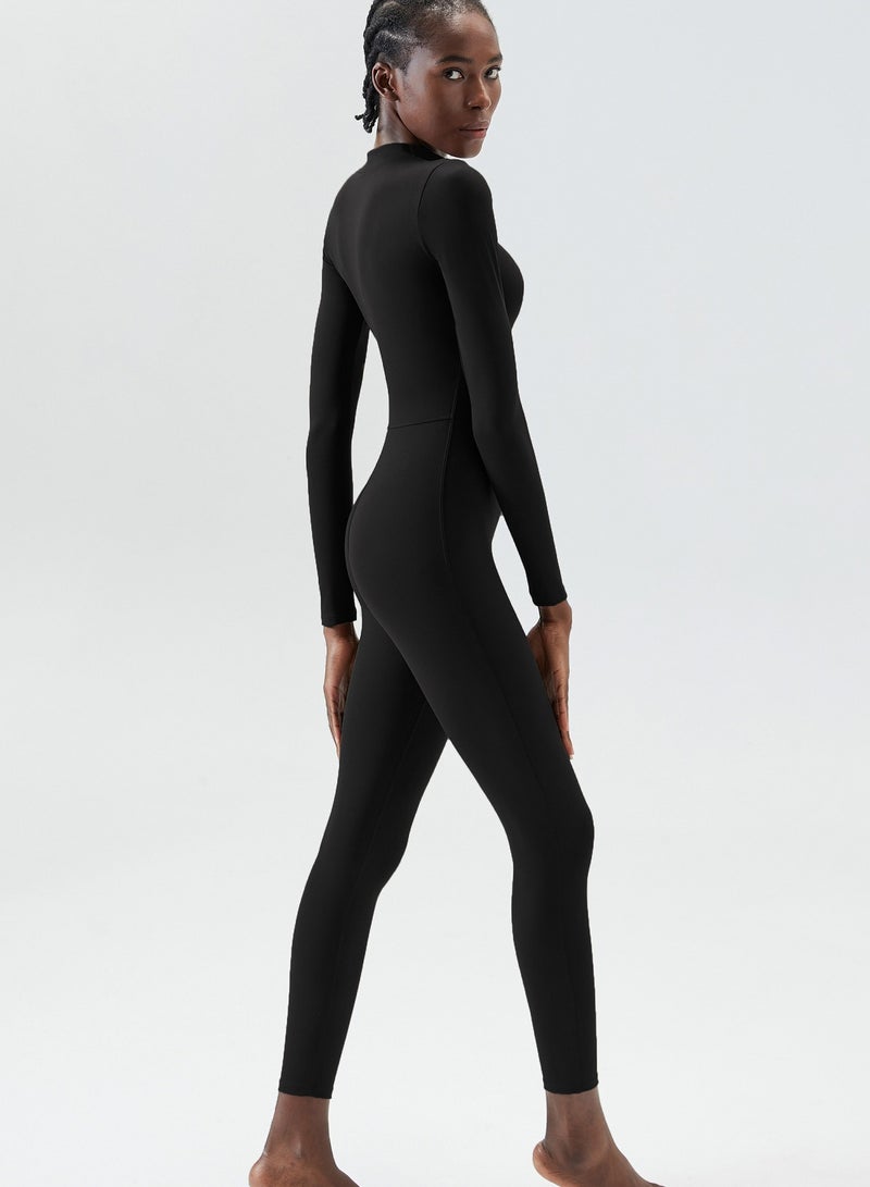 Women's Zipper Tight Fitness Sticky Elastic jumpsuit Quick drying Long Sleeve Open Collar Yoga Dress