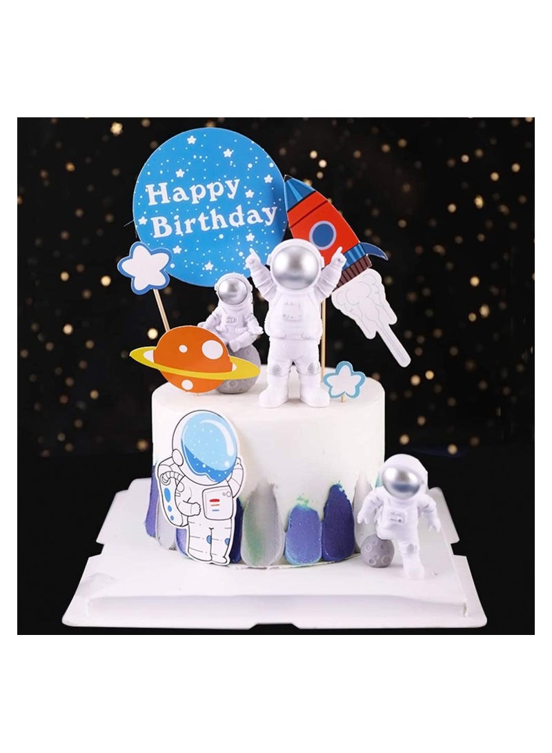 Outer Space Astronaut Cake Toppers - Set of 11 - Astronaut Figurines, Rocket, Stars, Clouds, Balls and Happy Birthdany Cake Decor