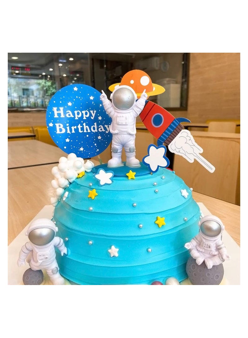 Outer Space Astronaut Cake Toppers - Set of 11 - Astronaut Figurines, Rocket, Stars, Clouds, Balls and Happy Birthdany Cake Decor