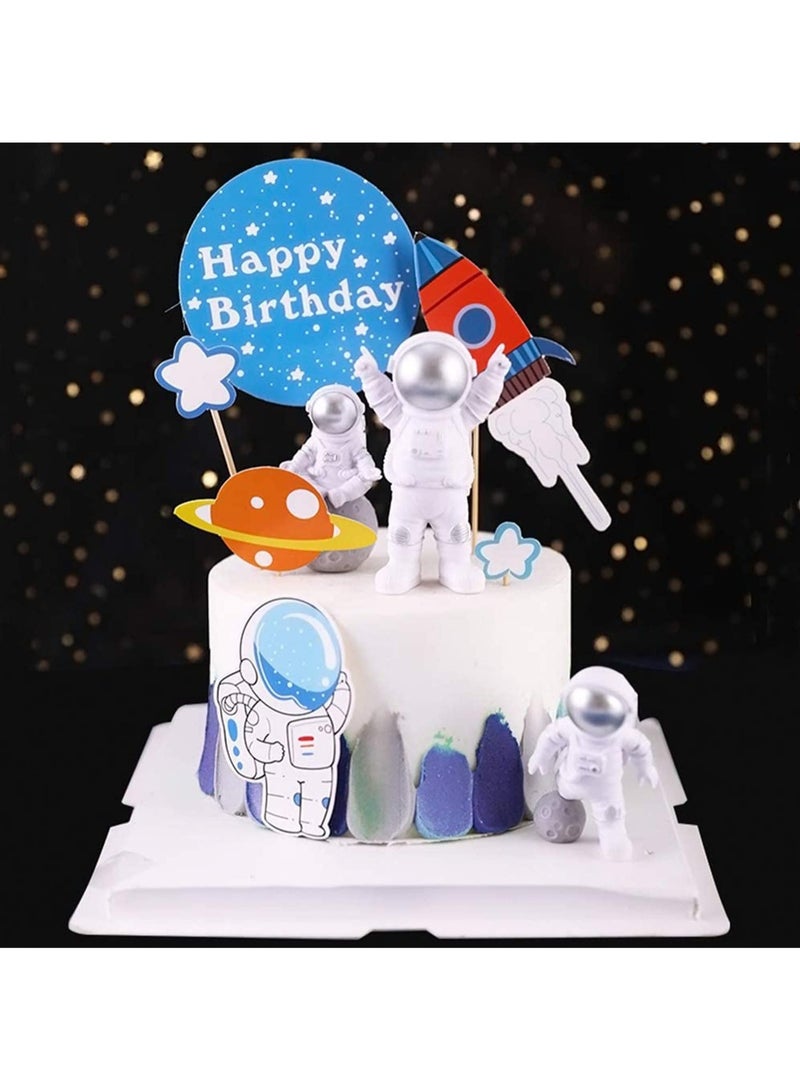 Outer Space Astronaut Cake Toppers, 11 PackAstronaut Figurines, Rocket, Stars, Clouds, Balls and Happy Birthdany Cake Decor