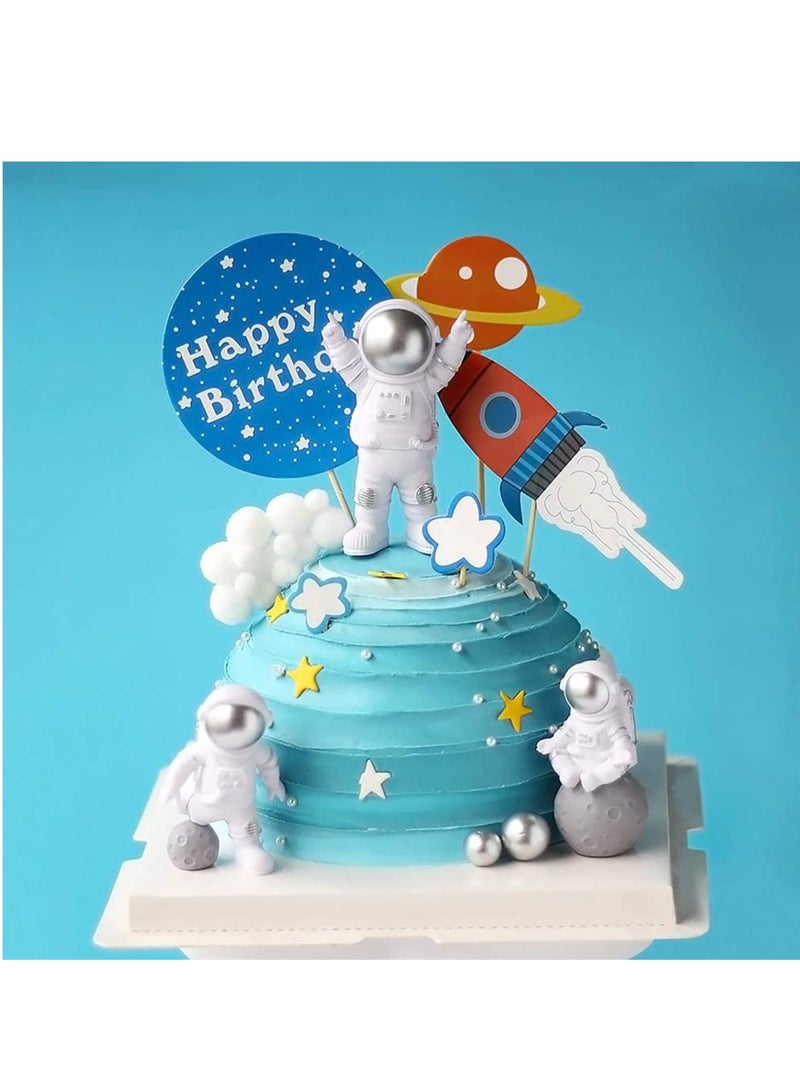 Outer Space Astronaut Cake Toppers, 11 PackAstronaut Figurines, Rocket, Stars, Clouds, Balls and Happy Birthdany Cake Decor