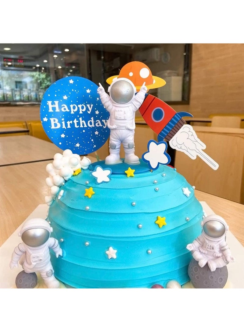 Outer Space Astronaut Cake Toppers, 11 PackAstronaut Figurines, Rocket, Stars, Clouds, Balls and Happy Birthdany Cake Decor