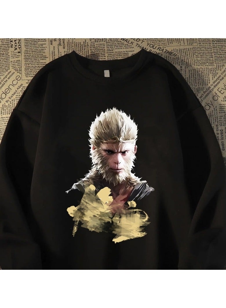 Black Mythical Loose Round Neck Hoodie