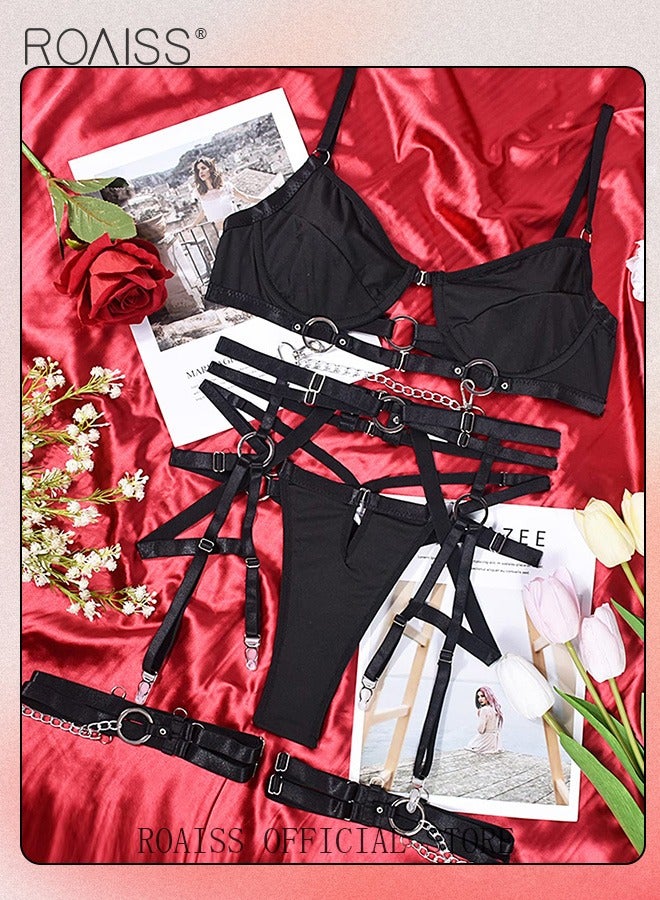 Stitching Teddy Lingerie Set for Women Intertwined Stitching Hollow Push up Bralette and Panty Underwear Sets with Garter Belt and Metal Buckle Decor Ladies Padded Hollow Spaghetti Strap Bodysuit