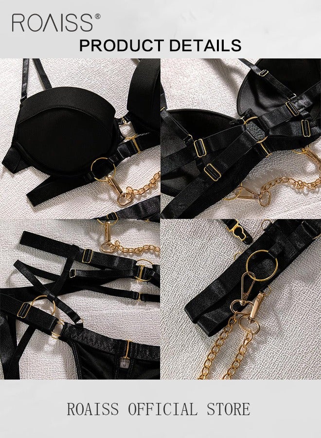 Stitching Teddy Lingerie Set for Women Intertwined Stitching Hollow Push up Bralette and Panty Underwear Sets with Garter Belt and Metal Buckle Decor Ladies Padded Hollow Spaghetti Strap Bodysuit