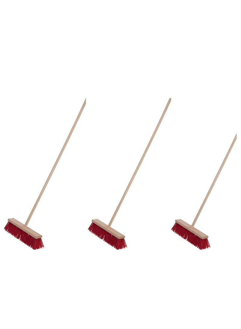 Brush Wood Plastic Red Hard Bristles 6 Row Broom with Wood Handle pack of 3