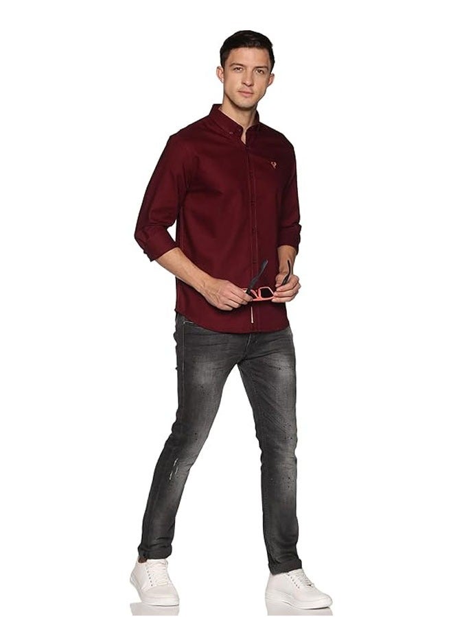 U.S. ELK Men's Button Down Shirt | Casual Slim Fit, Long Sleeve Oxford Shirts For Men | Smart Fit Cuff  - Maroon