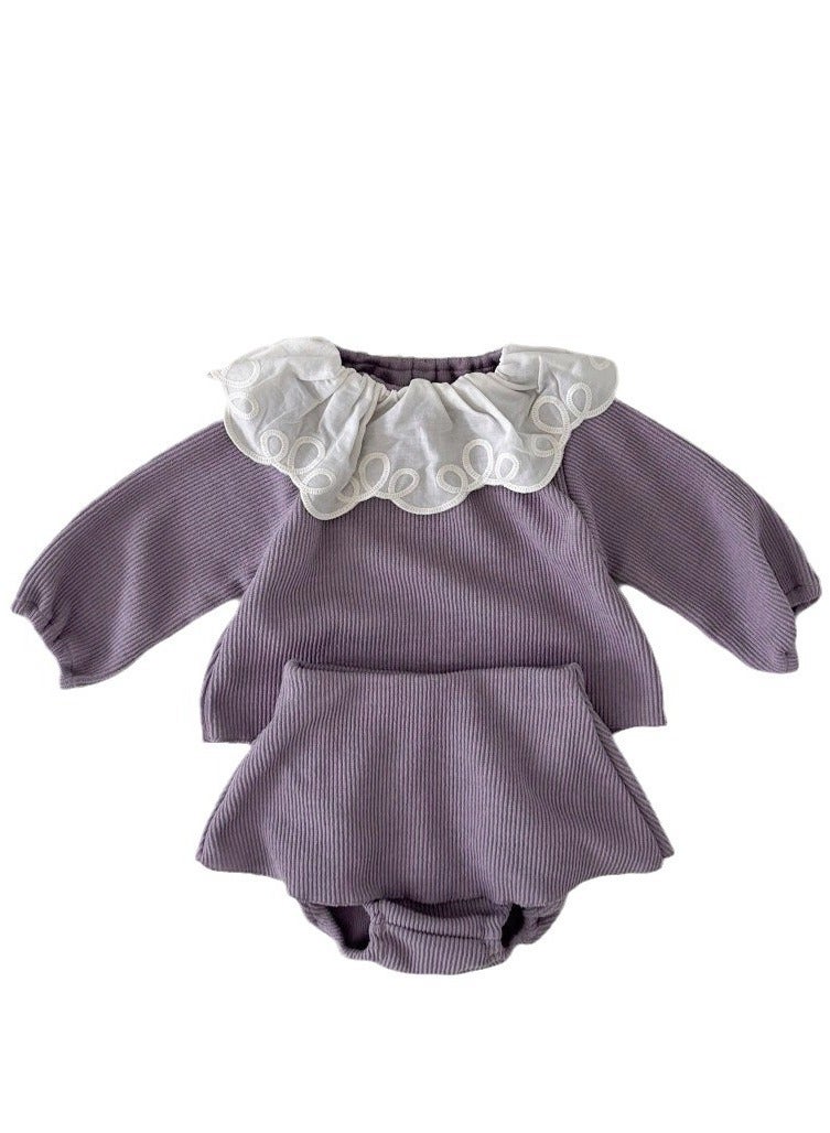 Baby Girl Lace Neck Long Sleeve T-shirt + Skirt Shorts Two-piece Set