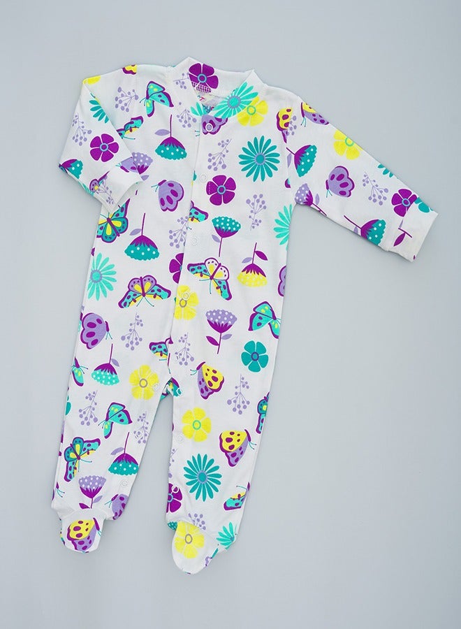 Printed footie romper for infants with butterfly and flower print