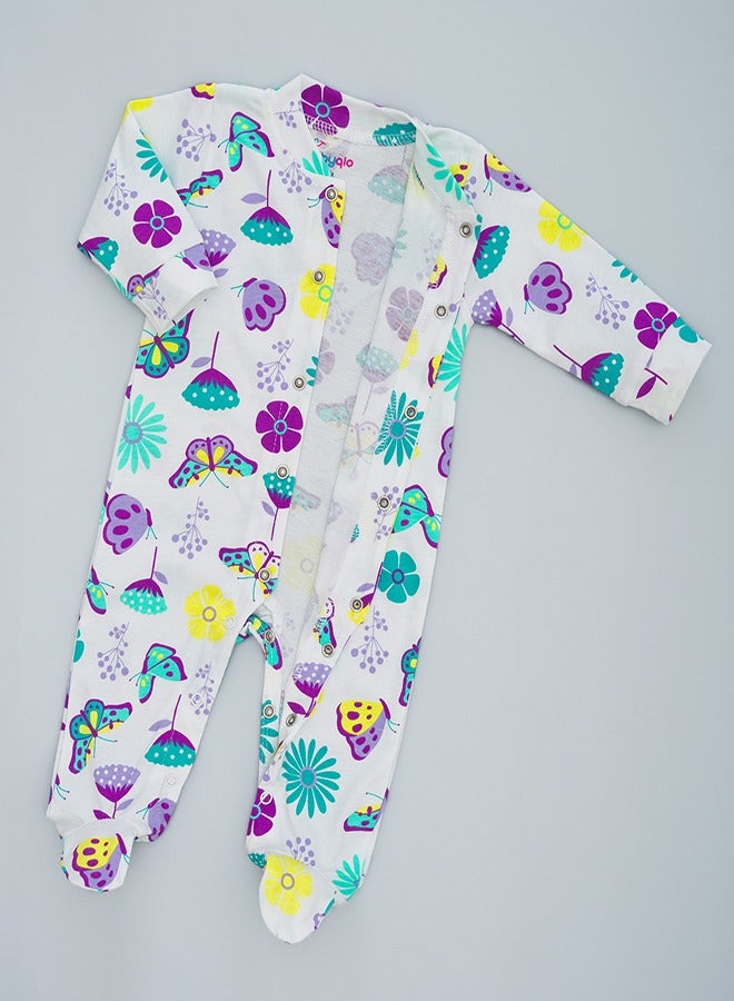 Printed footie romper for infants with butterfly and flower print