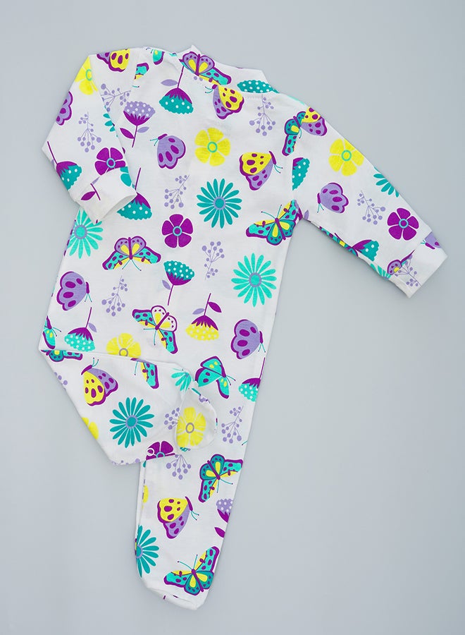 Printed footie romper for infants with butterfly and flower print