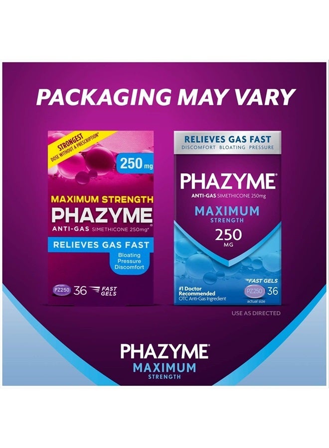 Maximum Strength Gas and Bloating Relief, 250 mg Simethicone, 36 Fast Gels(Pack of 1)