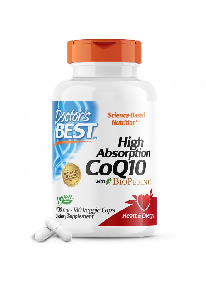 Doctor's Best High Absorption CoQ10 with BioPerine, Non-GMO, Gluten Free, Naturally Fermented, Vegan, Heart Health & Energy Production, 400 mg, 180 Veggie Caps