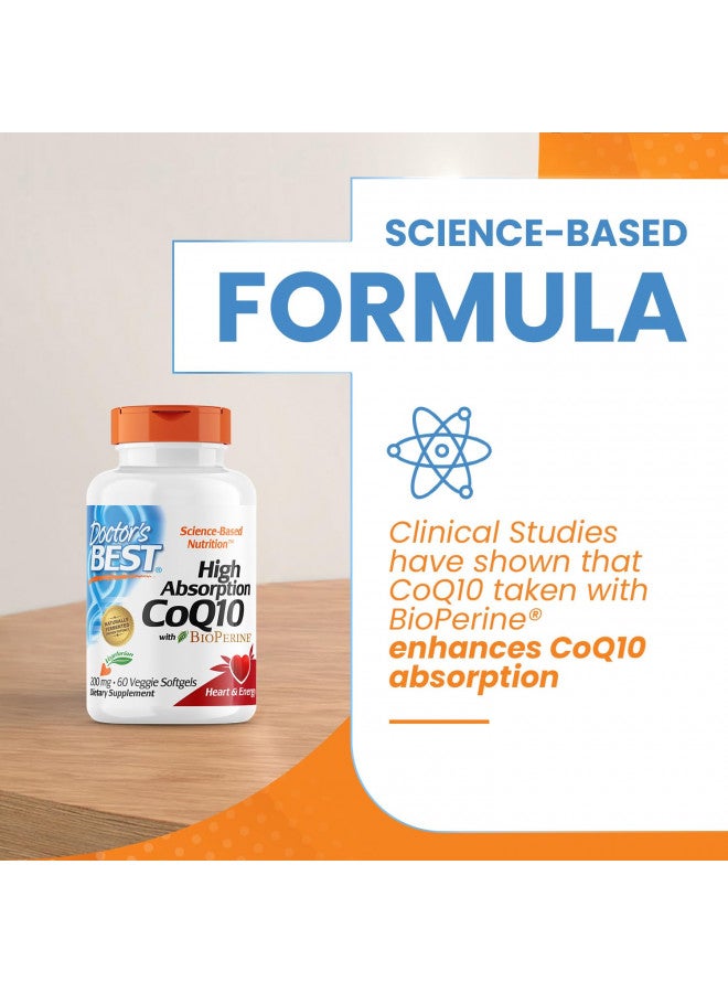 Doctor's Best High Absorption CoQ10 with BioPerine, Vegetarian, Gluten Free, Naturally Fermented, Heart Health & Energy Production, 200 mg 60 Veggie Softgels