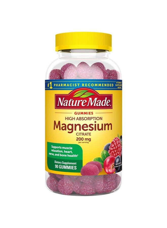 High Absorption Magnesium Citrate 200 mg per serving, Dietary Supplement for Muscle, Nerve, Bone and Heart Support, 90 Gummies, 45 Day Supply