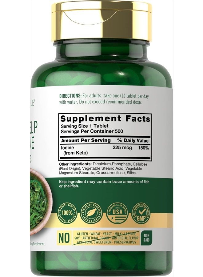 Sea Kelp Iodine | 225mcg | 500 Tablets | Non-GMO, Gluten Free | Traditional Herb Supplement | by Carlyle