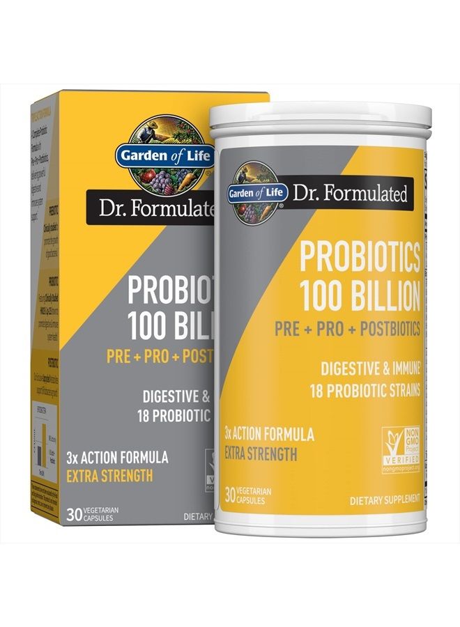 Dr Formulated Once Daily 3-in-1 Complete Probiotics, Prebiotics & Postbiotics Supplement for Women and Men's Digestive & Immune Health – Extra Strength, 100 Billion CFU, 30 Day Supply